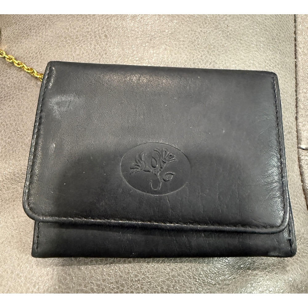 Vintage Black Top Grain Cowhide Leather Trifold Wallet with Keychain Gold Tone‎